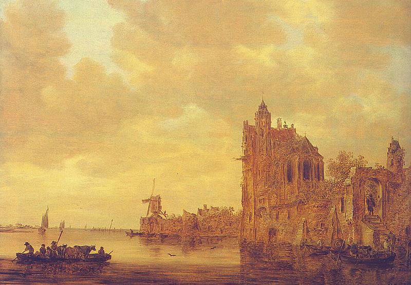 Jan van de Cappelle River Landscape with Pellekussenpoort, Utrecht and Gothic Choir Sweden oil painting art